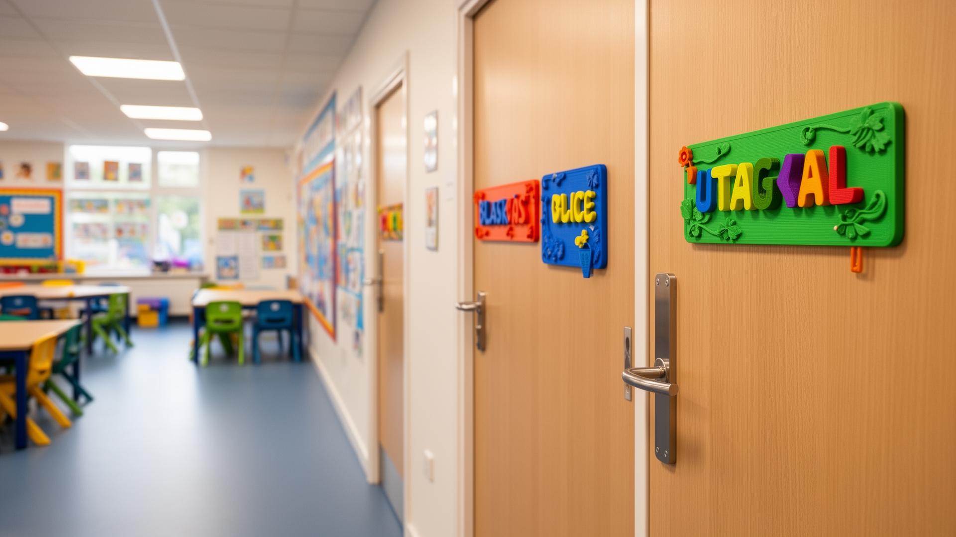 UK school classroom with 3D printed door signs and organisation tools by Think3D